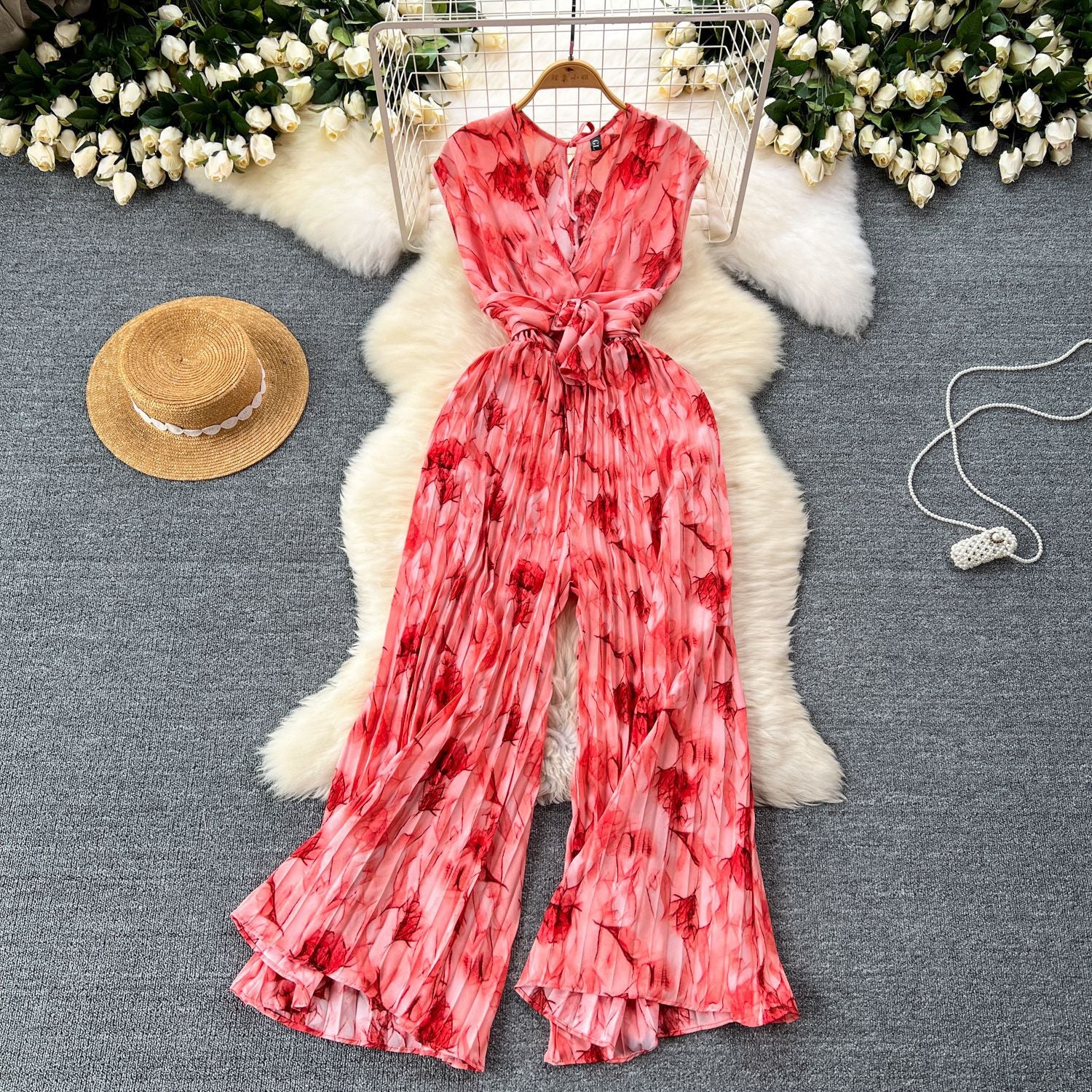 Women Holidays Sleeveless V-neck Lace-Up Printed Wide Leg Pleated Jumpsuit 12