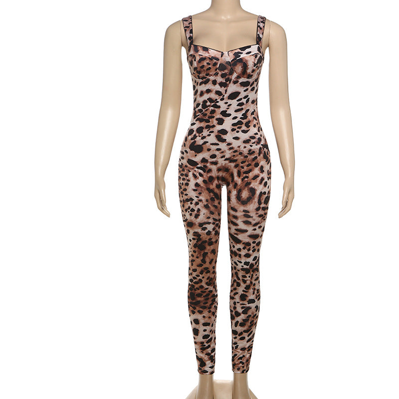Women's Spring Fashion Sexy Leopard Print Strap Low Back Tight Fitting Jumpsuit 8