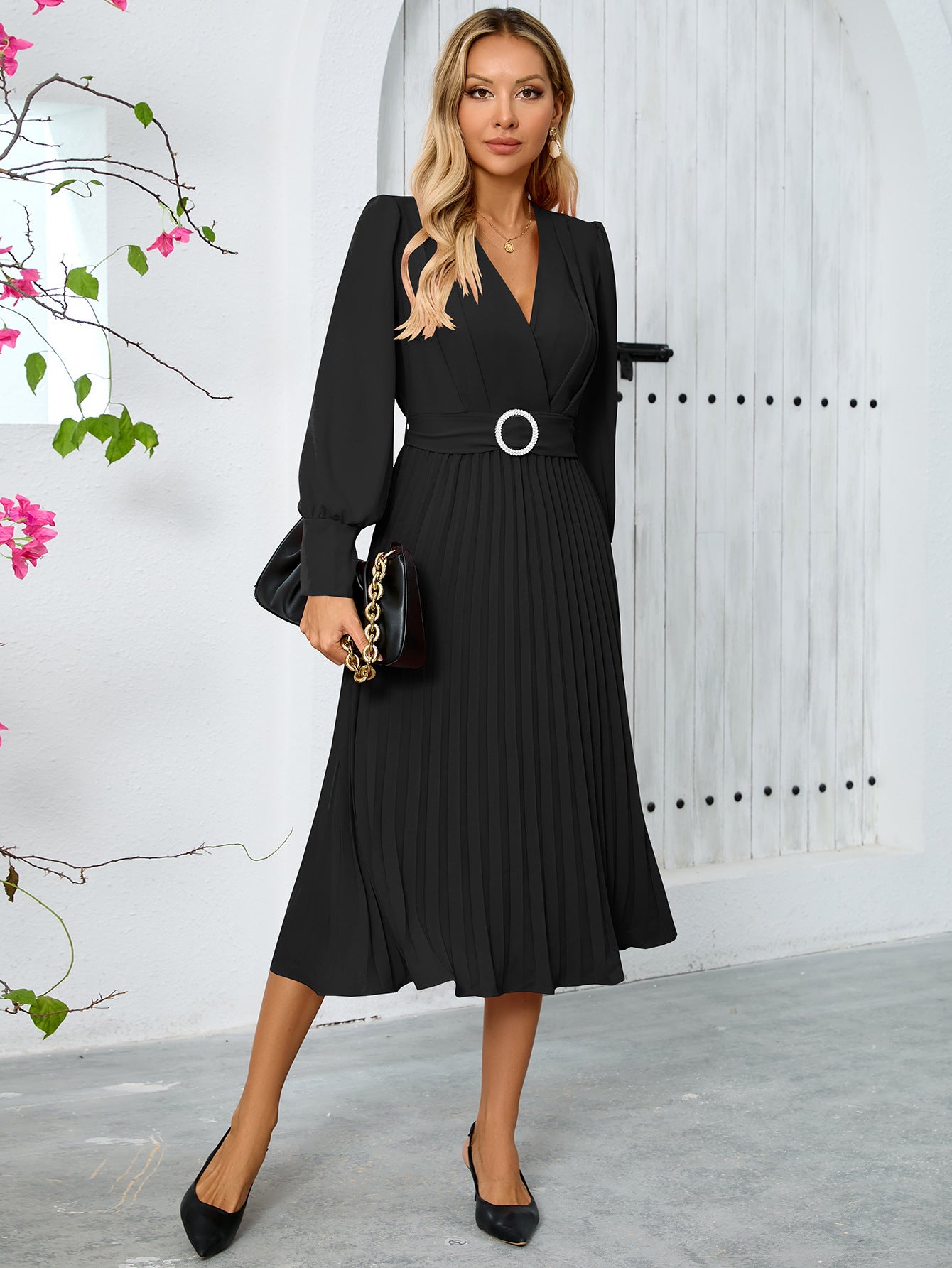 Autumn winter women's v-neck long-sleeved fashionable slim A-line long dress 6