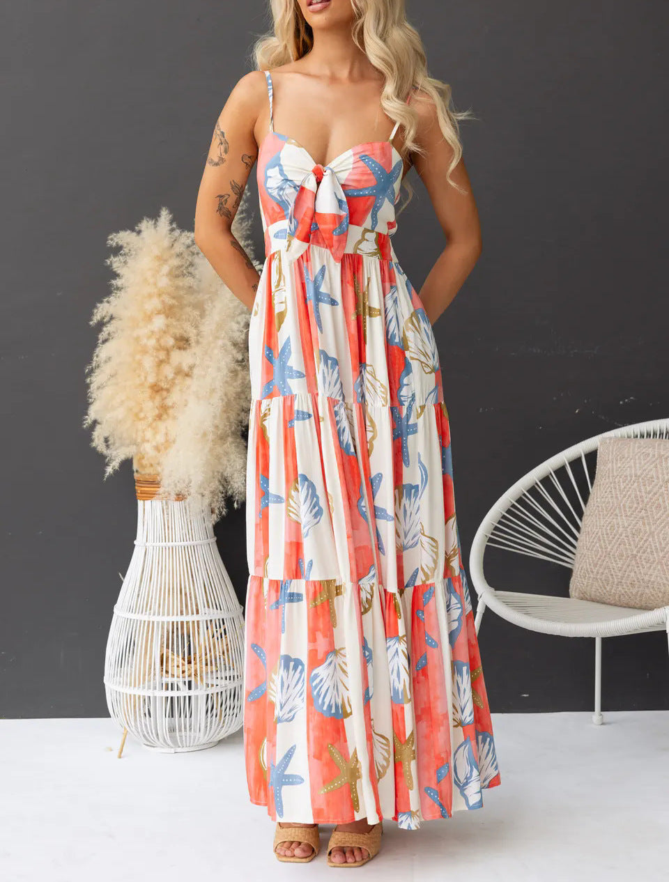 Women Spring and Summer Sexy Printed Lace-Up Dress 6