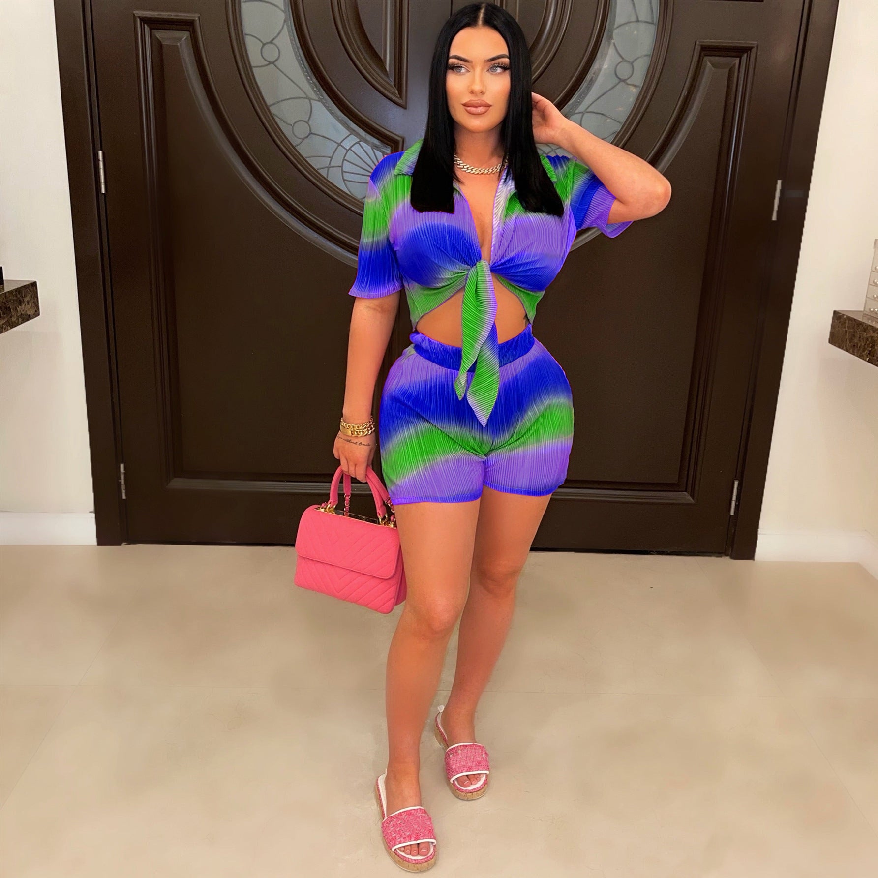 Fashion Gradient Multi-Color Print Two-Piece Shorts Set 5