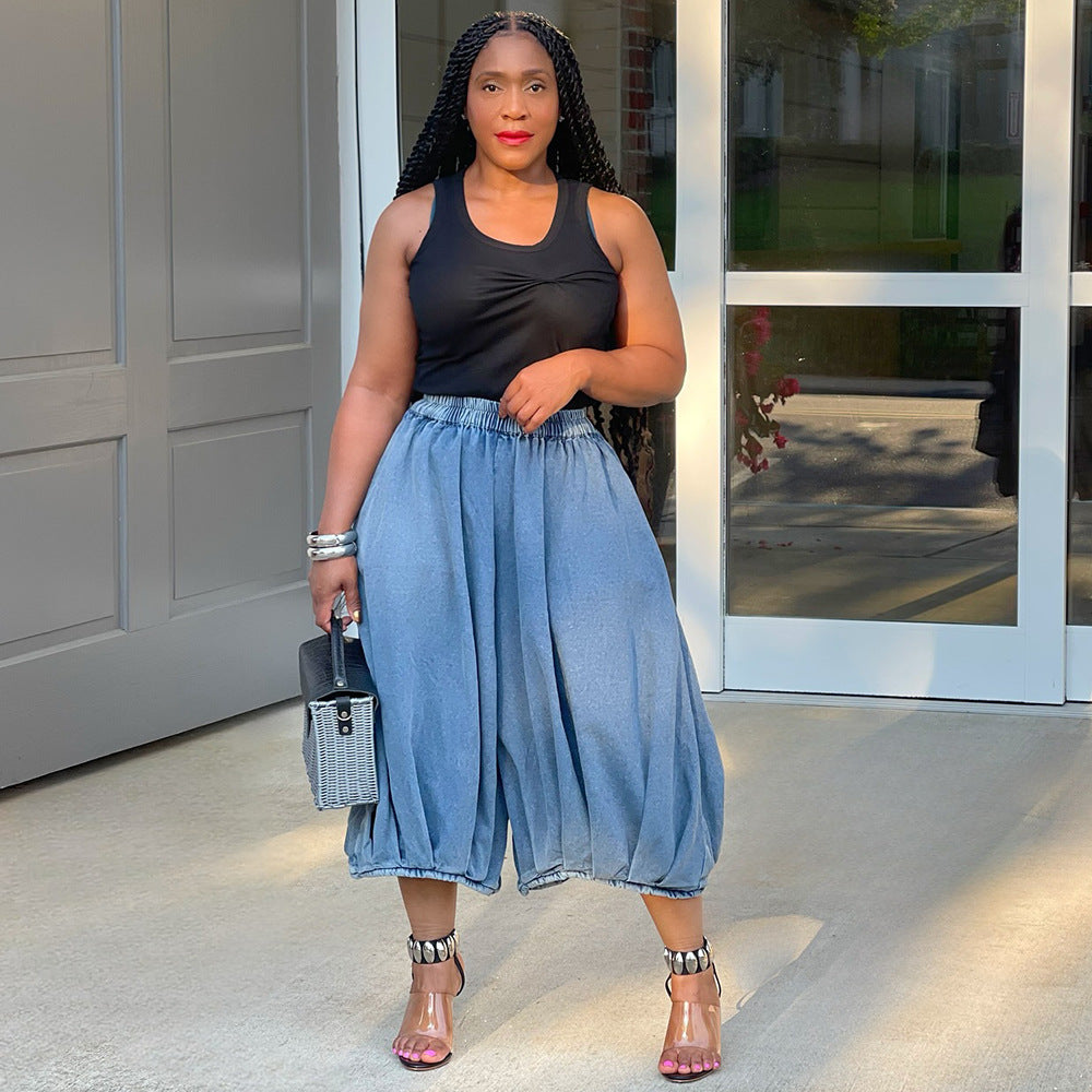 Women's Fashion Casual Elastic Waist Straight Wide Leg Denim Pants 3