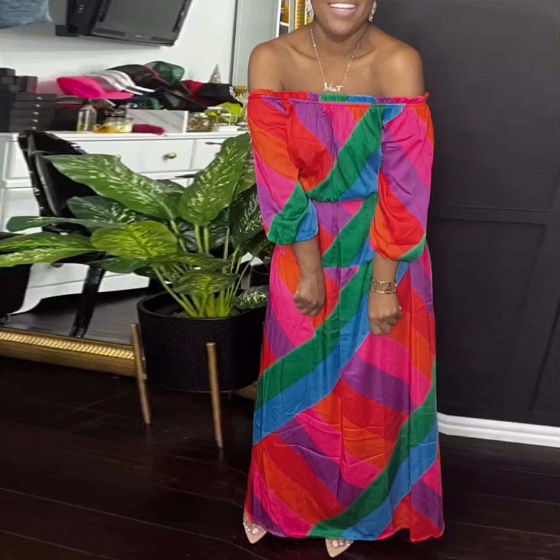 Women Sexy Print Off Shoulder Long Sleeve Dress 4