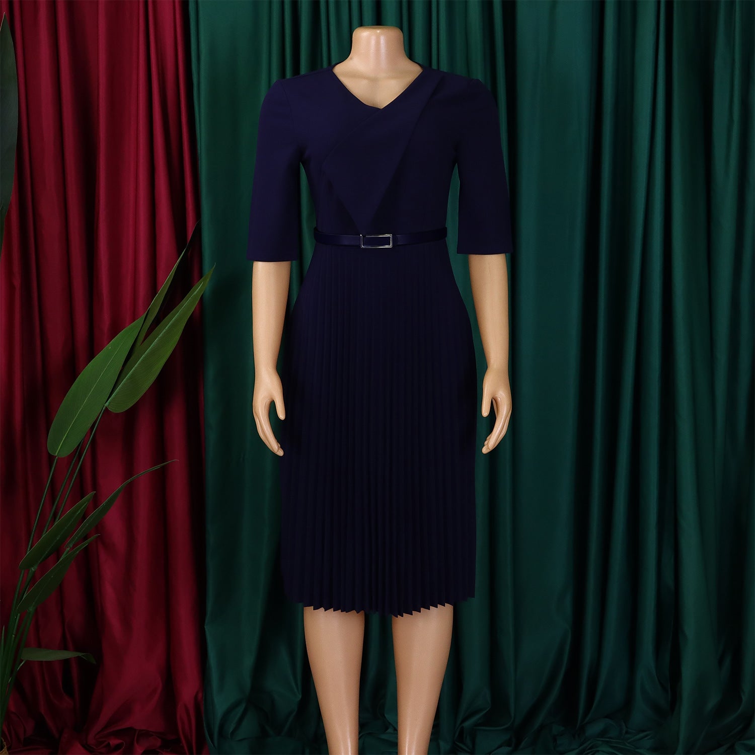 Women's Summer Fashion V-Neck Solid Color Plus Size Pleated African Dress 20