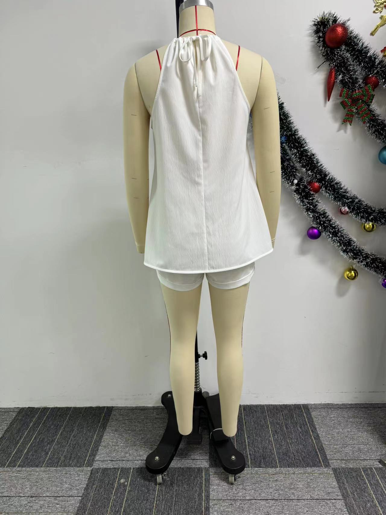 Women sexy solid slit halter neck lace-up sleeveless top and shorts two-piece set 10