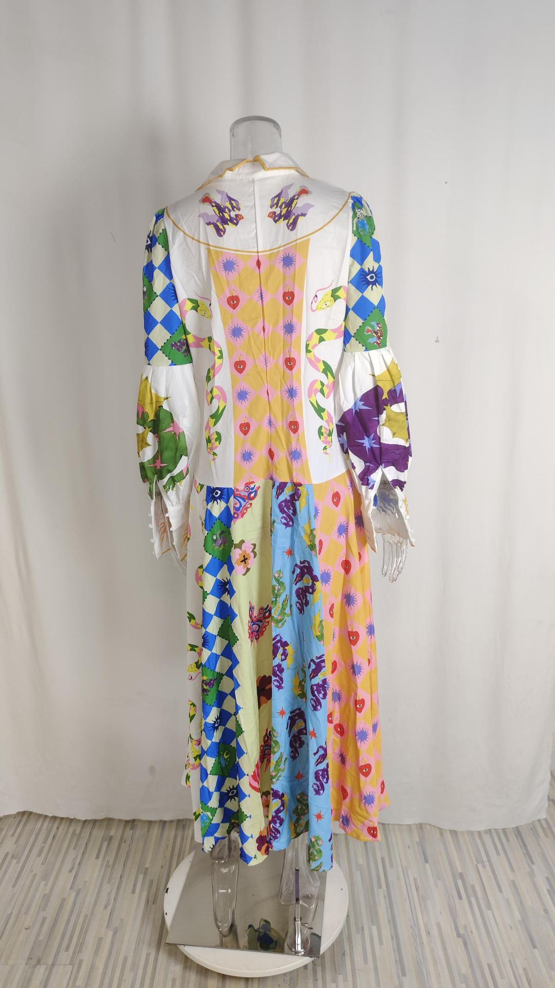 Women Chic Balloon Sleeve Turndown Collar Long Sleeve Dress 26