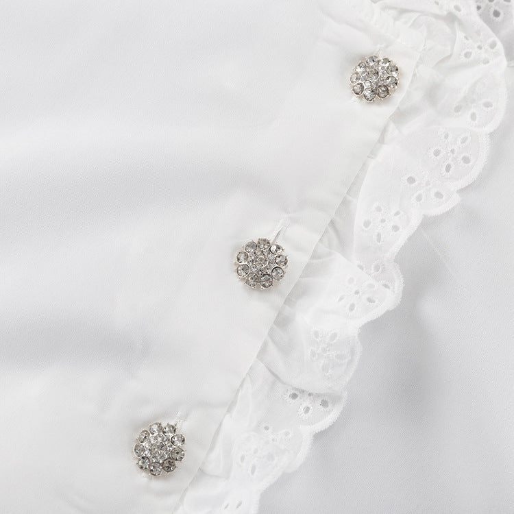 Stand Collar Diamond Button Ruffle Shirt Women Trendy White Shirt Top 10