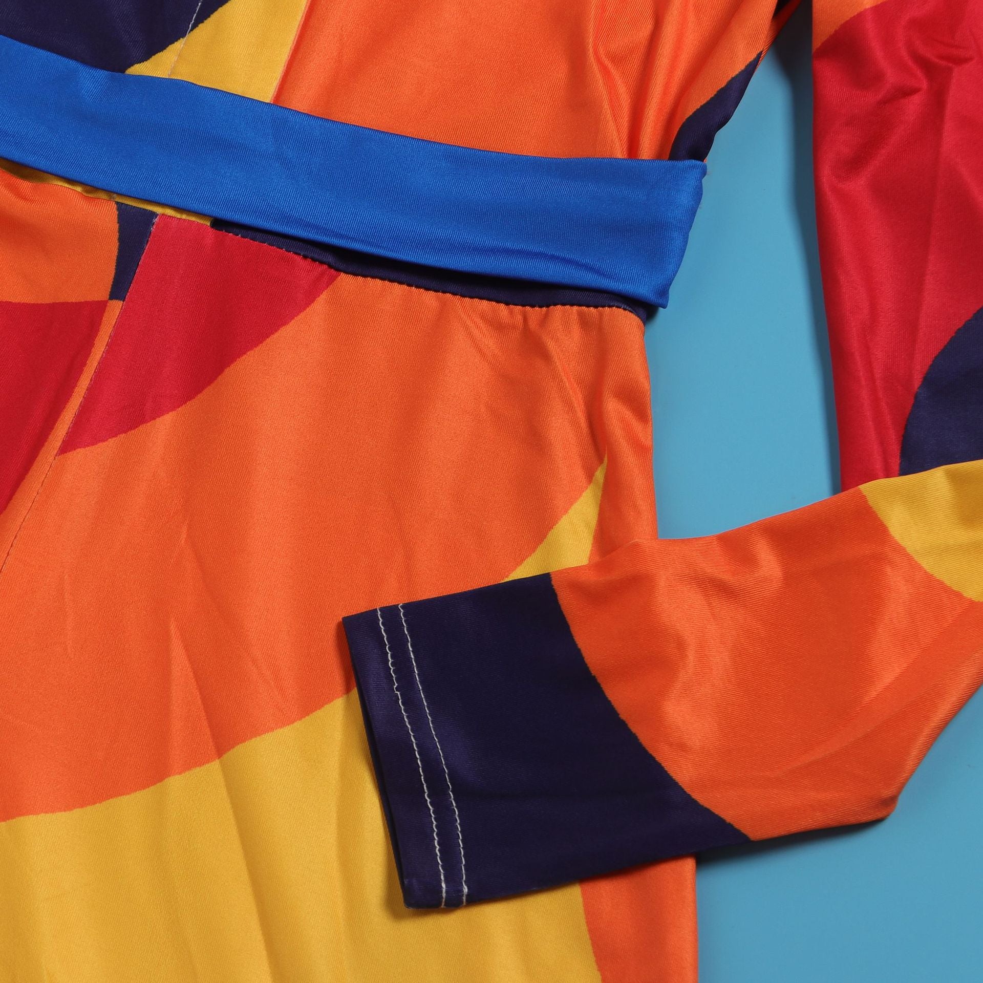 Sexy Slim Deep V Printed Wide Leg Turndown Collar Slim Waist Long Sleeve Jumpsuit 23