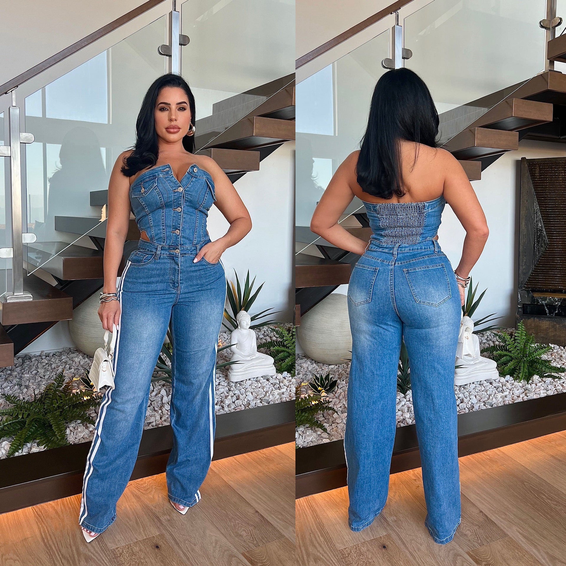 Women Strapless Off Shoulder Denim Wide-Leg Jumpsuit 3