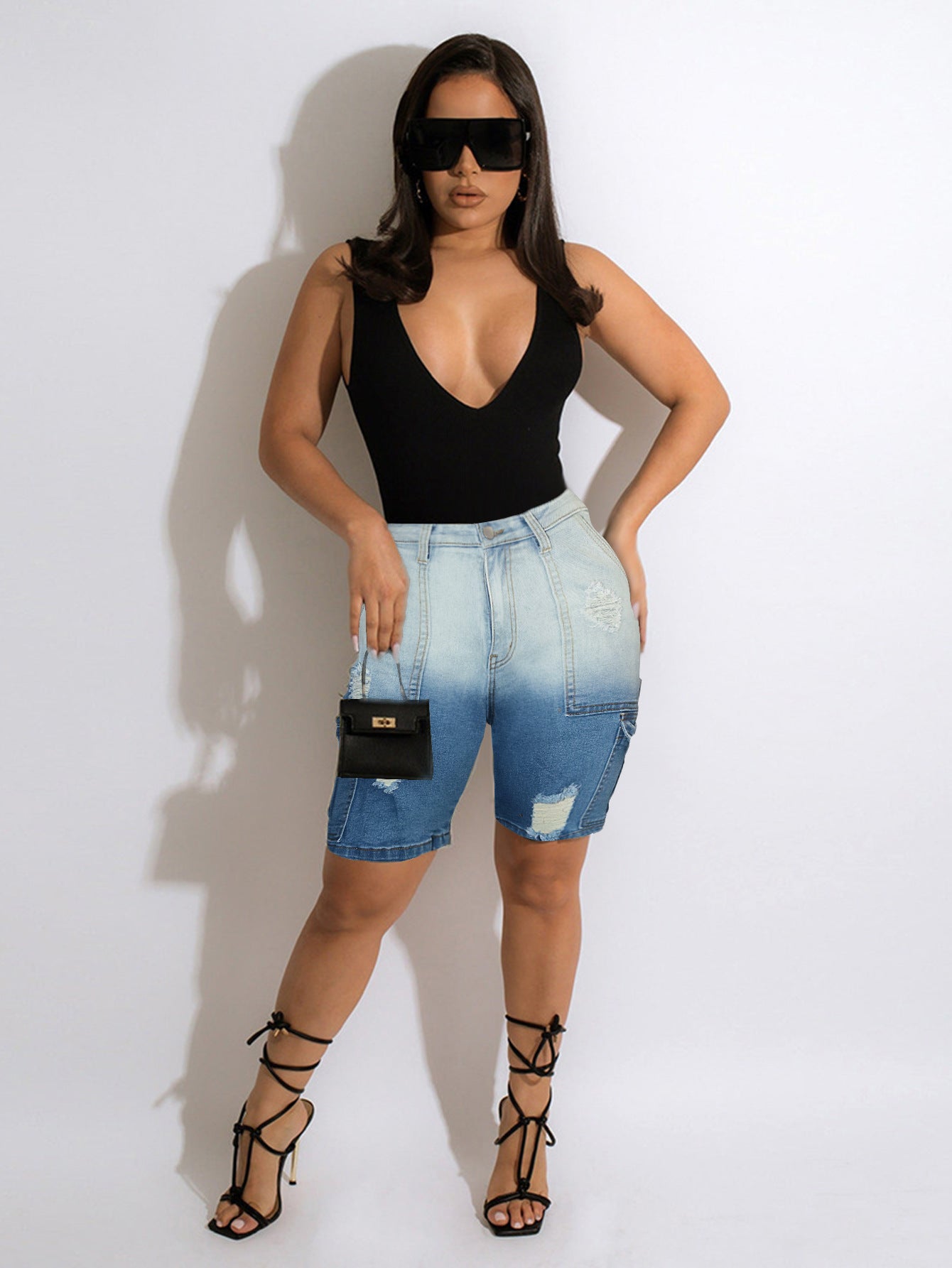 Women's Summer Casual Trendy Gradient Ripped Denim Midi Pants 5