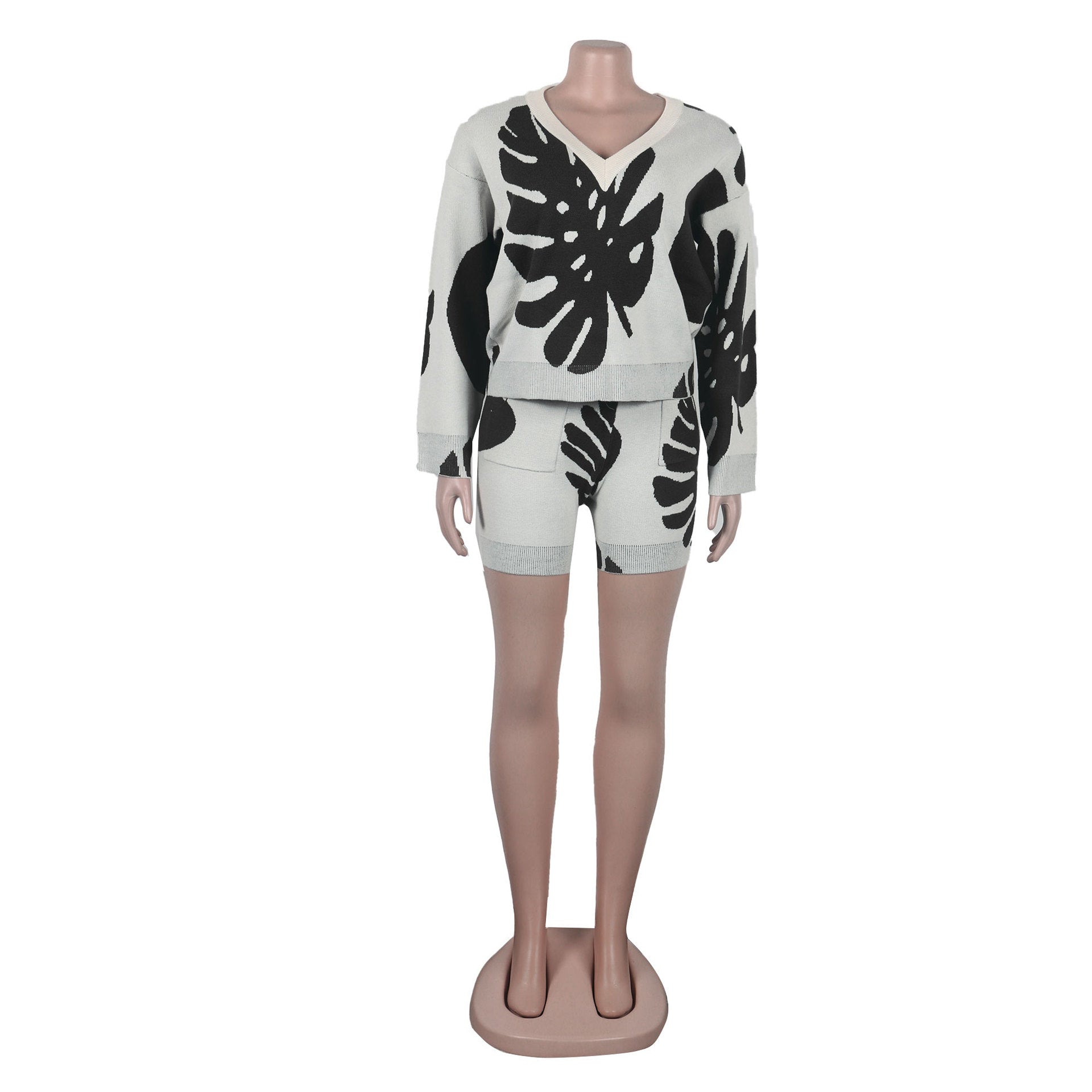 Sexy Leaf V-Neck Pullover Long-Sleeved Sweater Two-Piece Set 40