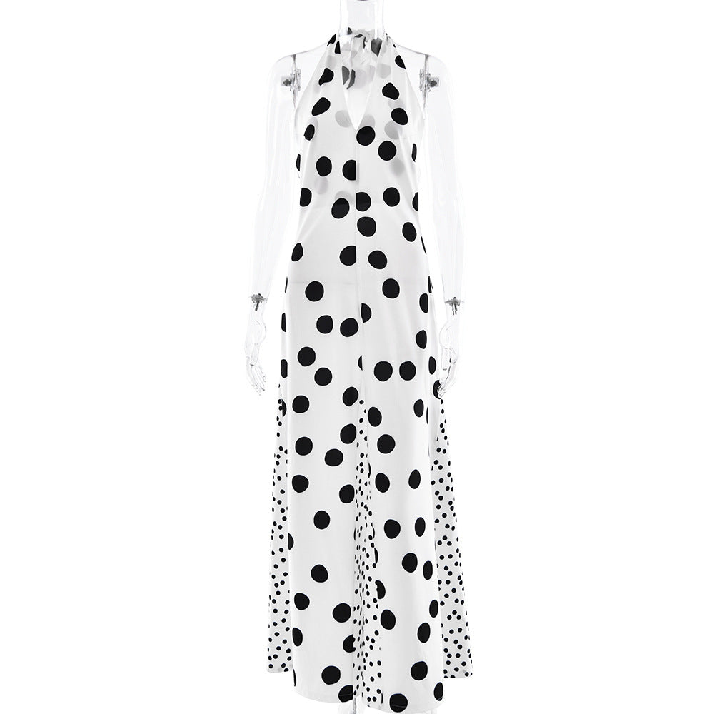Women Summer Sexy V-Neck Lace-Up Polka Dot Patchwork Backless Maxi Dress 9