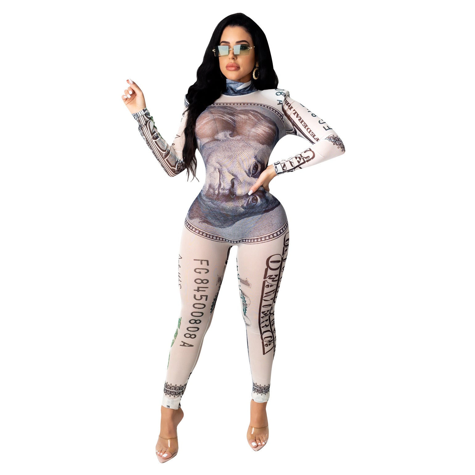 Women's Sexy Dollar Print Mesh Long Sleeve Jumpsuit 7