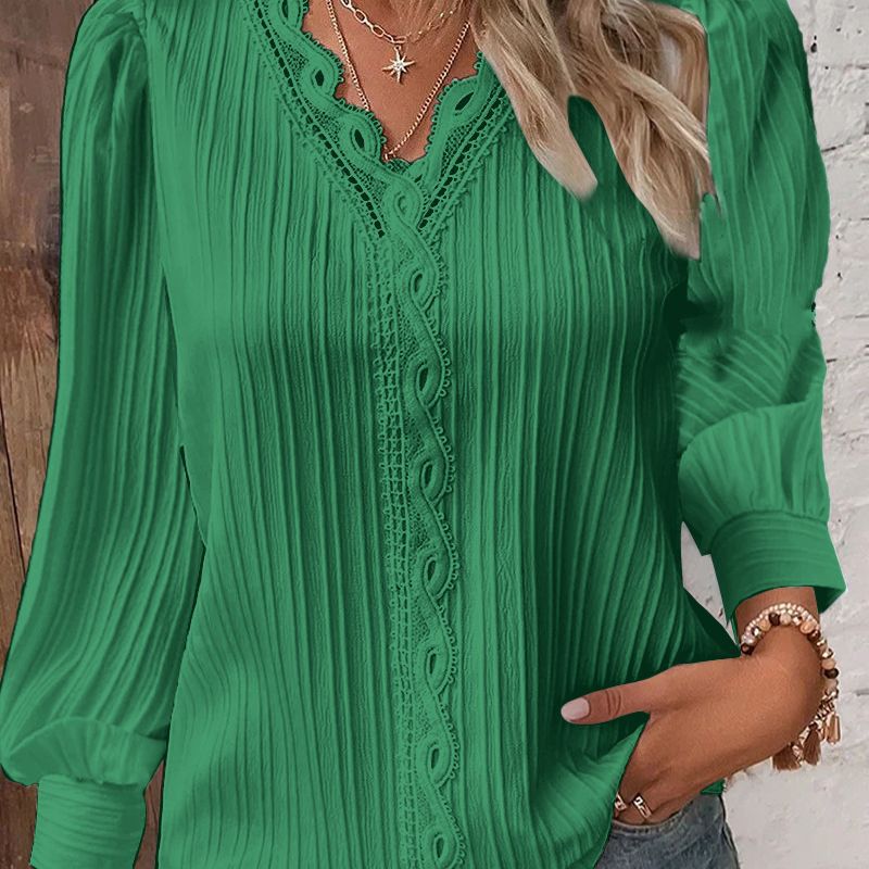 Women Autumn Long Sleeve V Neck Lace Shirt 11