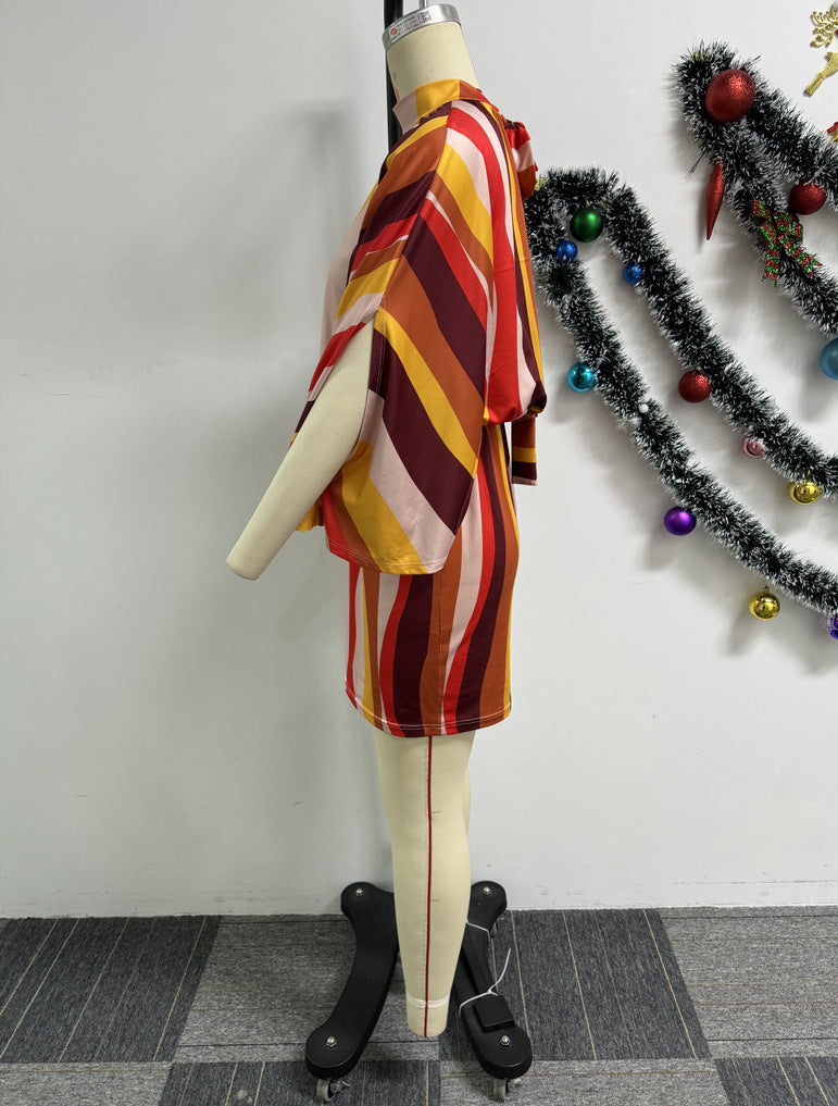 Women Sexy Color Stripe Print Lace-Up Bat Sleeves Bodycon Dress 5