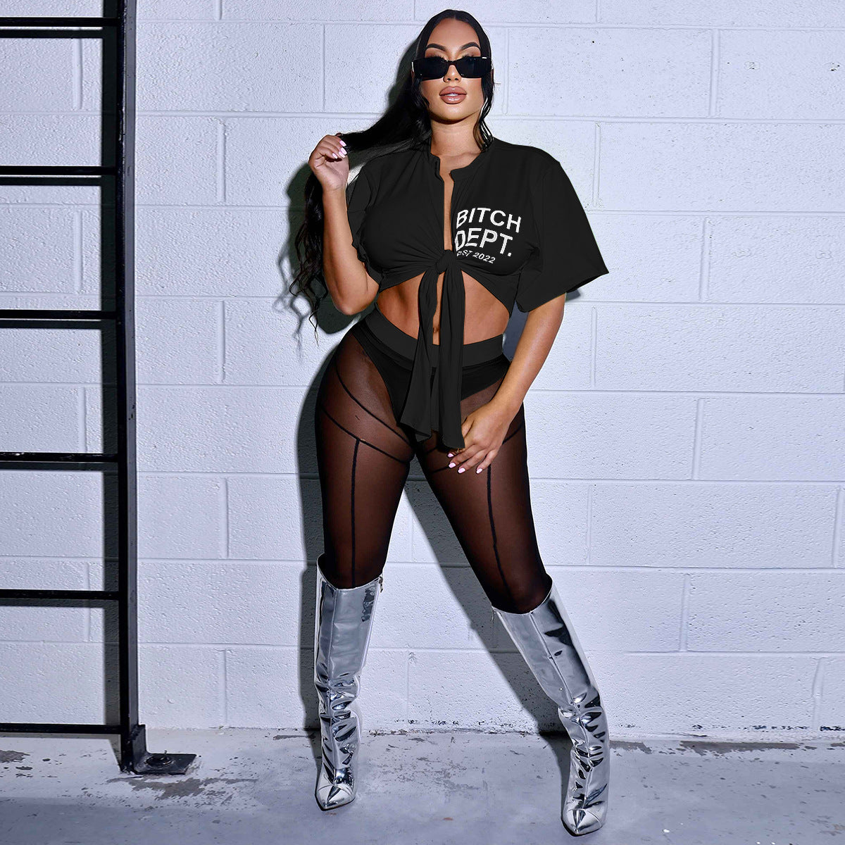 Fashion Sexy Lace-Up T-Shirt Mesh Pants Two-Piece Set 6