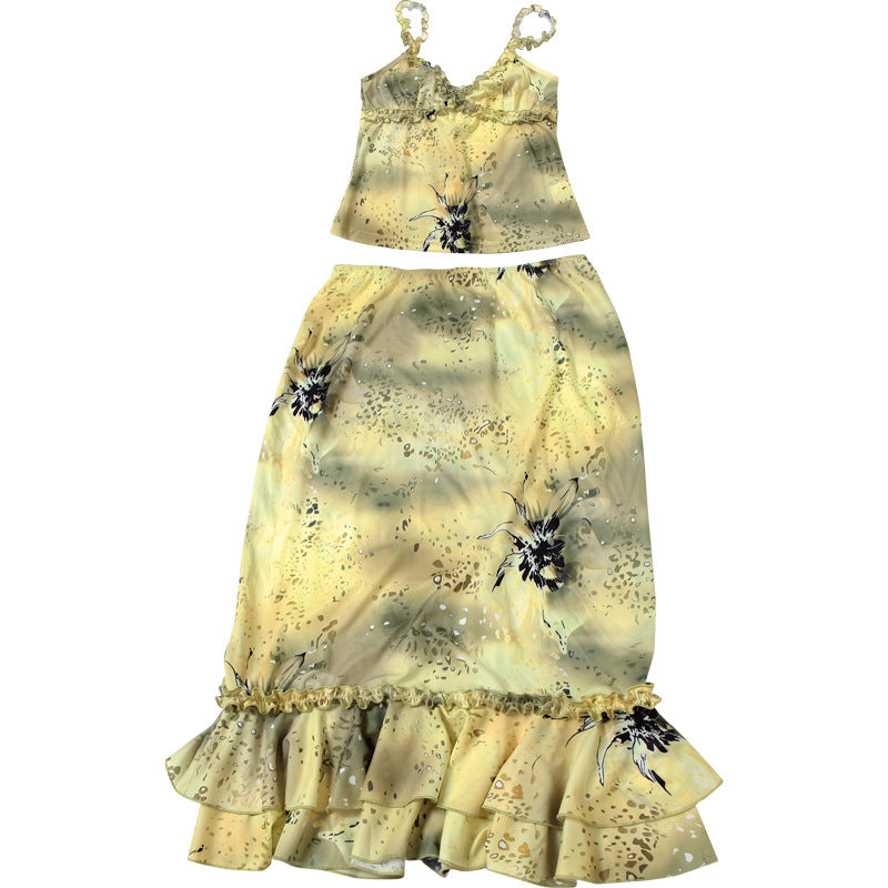 Fashion Women's V-Neck Low-Cut Camisole with Ruffle Edge Floral Print Skirt Set 18