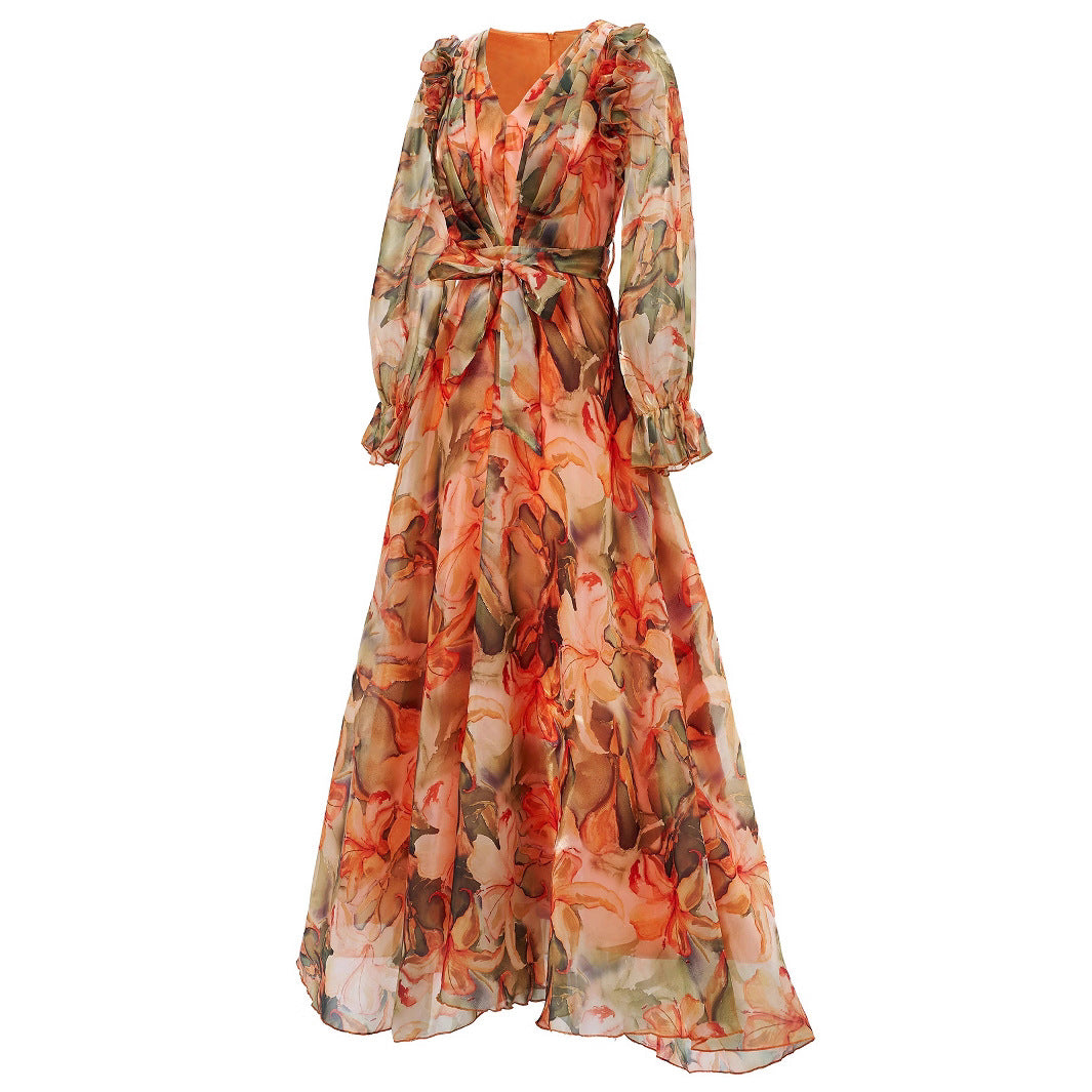 Elegant Women's Long-Sleeve V-Neck Ruffled Formal Party Mesh Evening Gown 8