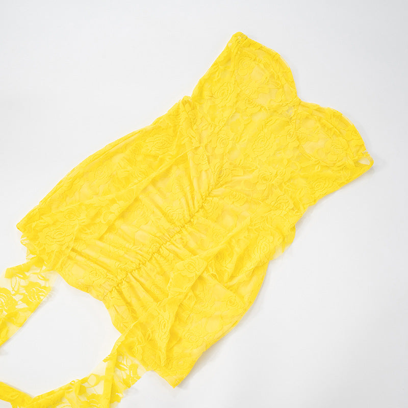 Women Solid Strapless Off-shoulder Lace Ribbon Bodycon Dress 8