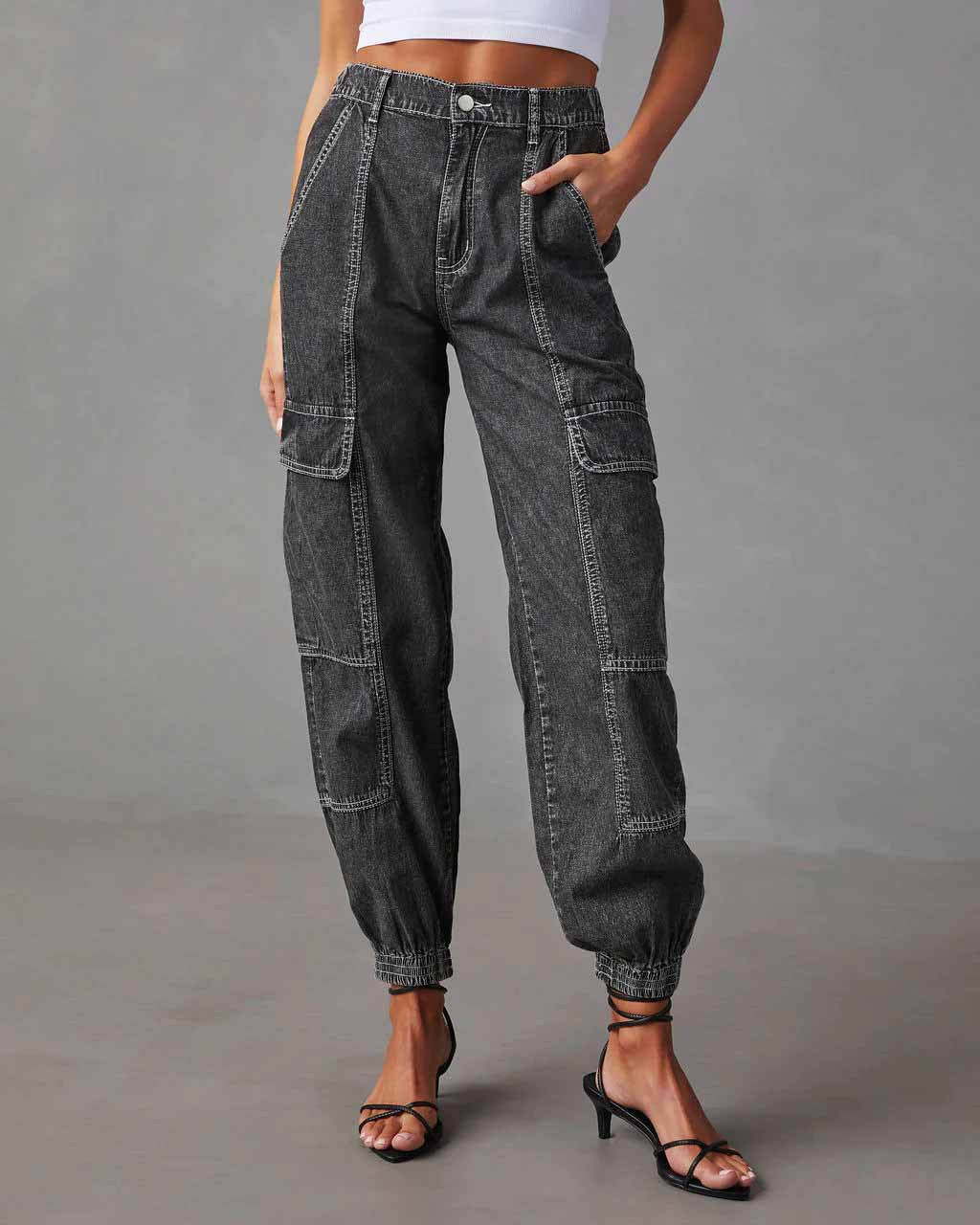 Cargo Denim Pants Women's Autumn Fashion Casual Elastic Waist Loose Women's Jeans