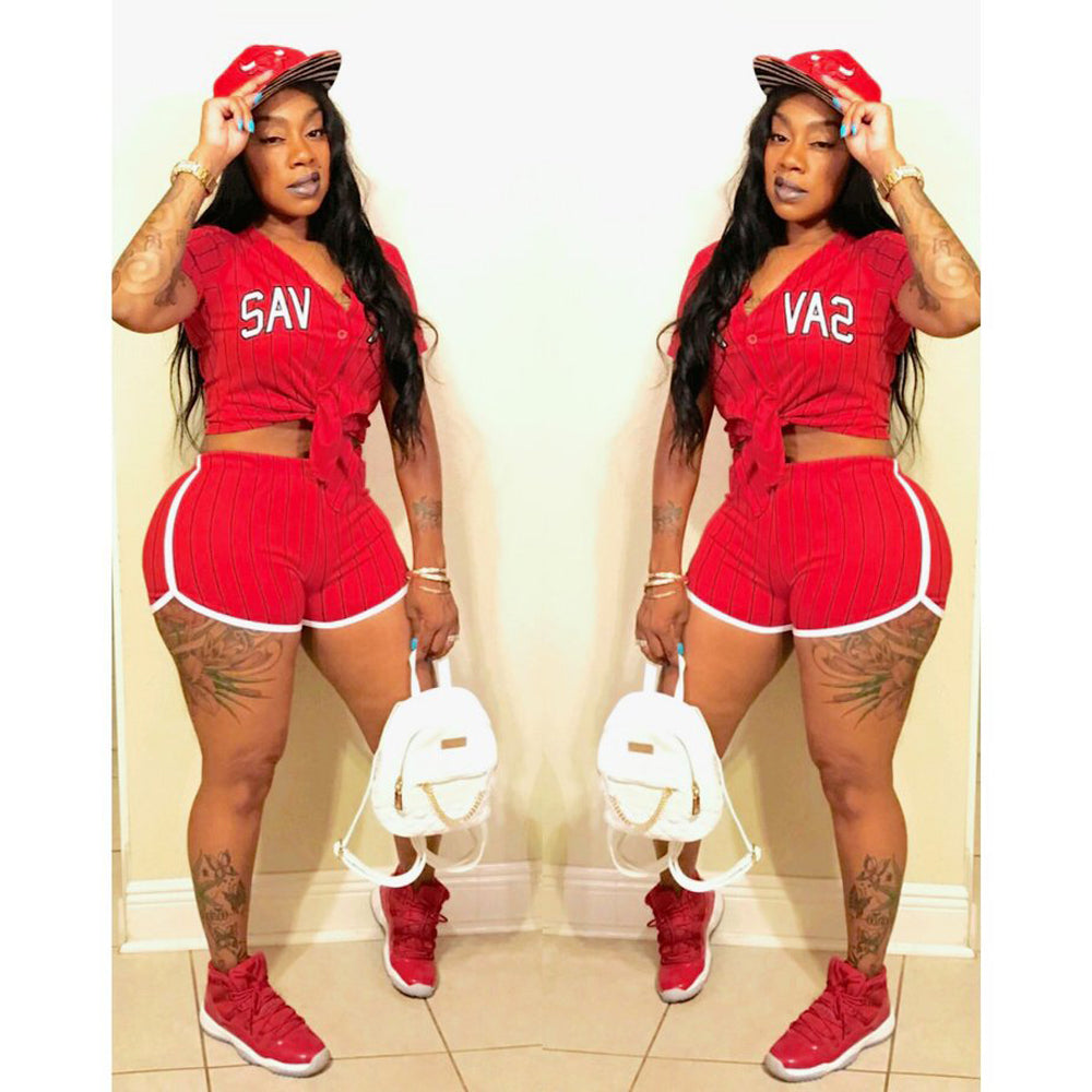 Women Sexy Women Striped Letter Baseball Top and Skirt Two-piece Set 4