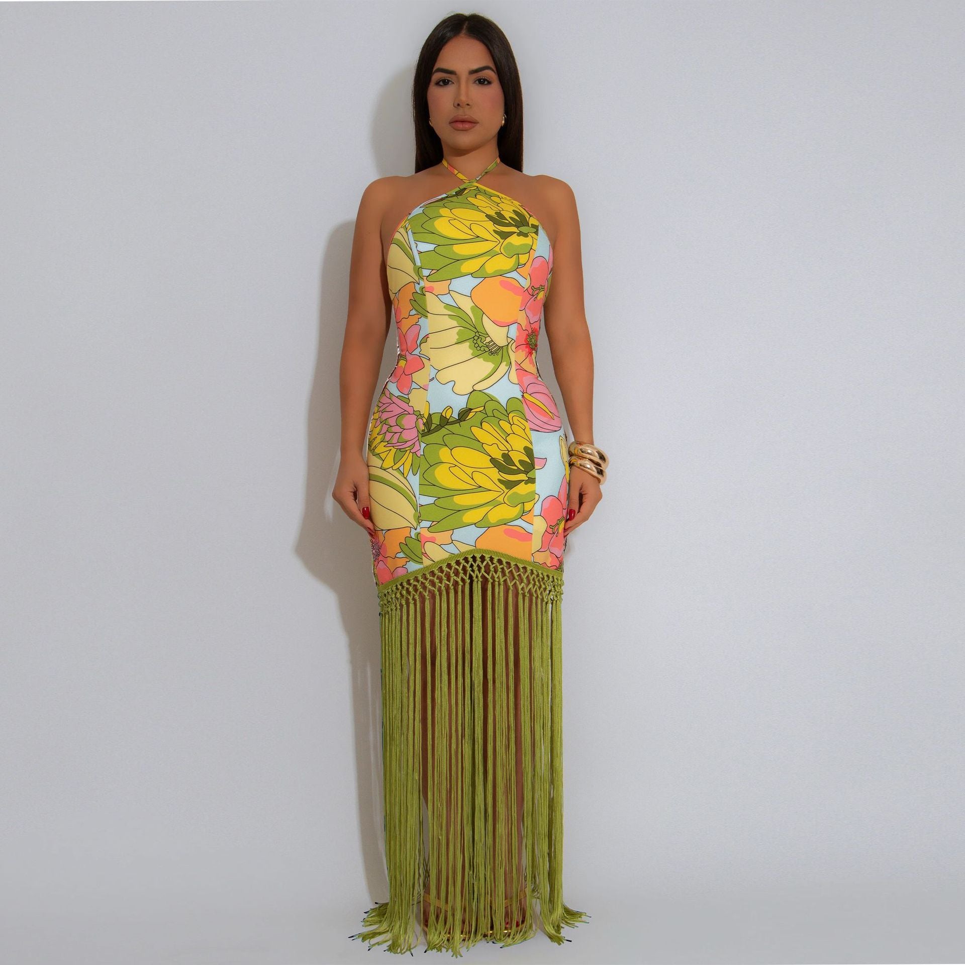 Women Halter Neck Printed Backless Sleeveless Tassel Dress