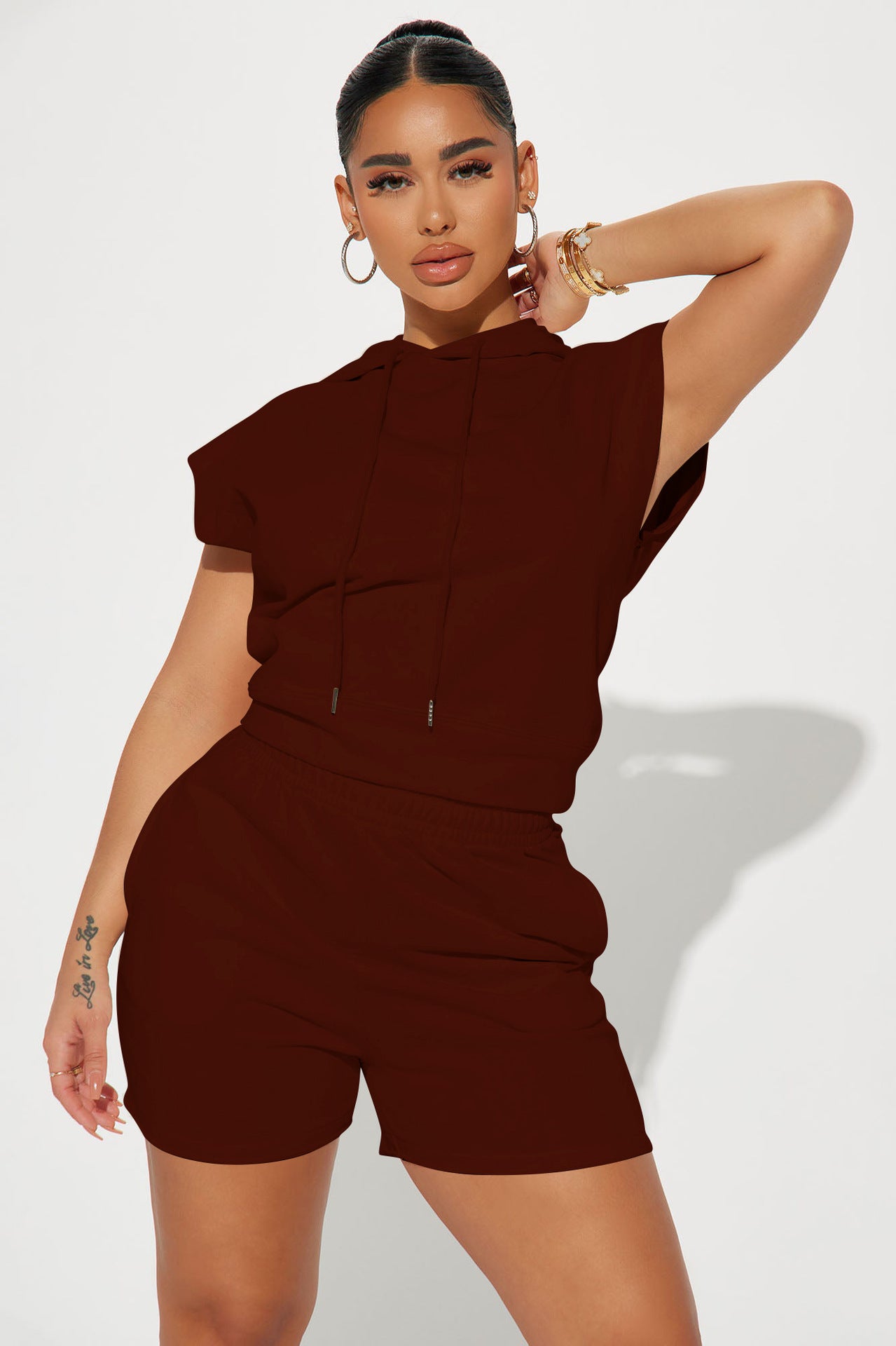 Women's Fashion Casual Sport Hooded Short Sleeve Two-Piece Shorts Set Women's Clothing