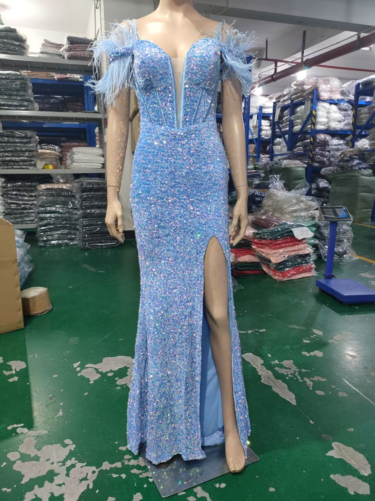 Women Herringbone ostrich velvet sequined mermaid evening dress 17