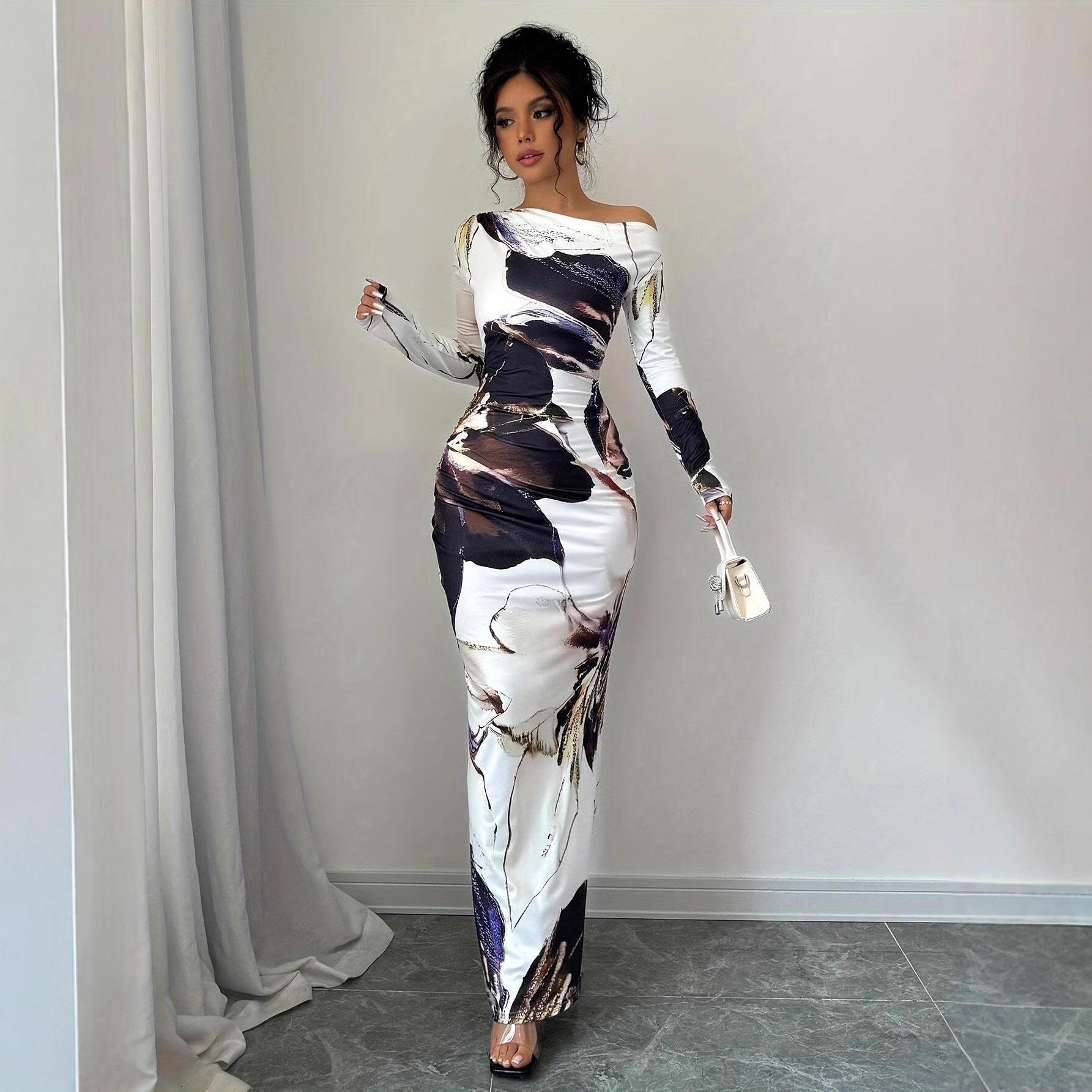 Spring Autumn Slash Shoulder Sexy Long Sleeve Slim Fit Long Dress 4