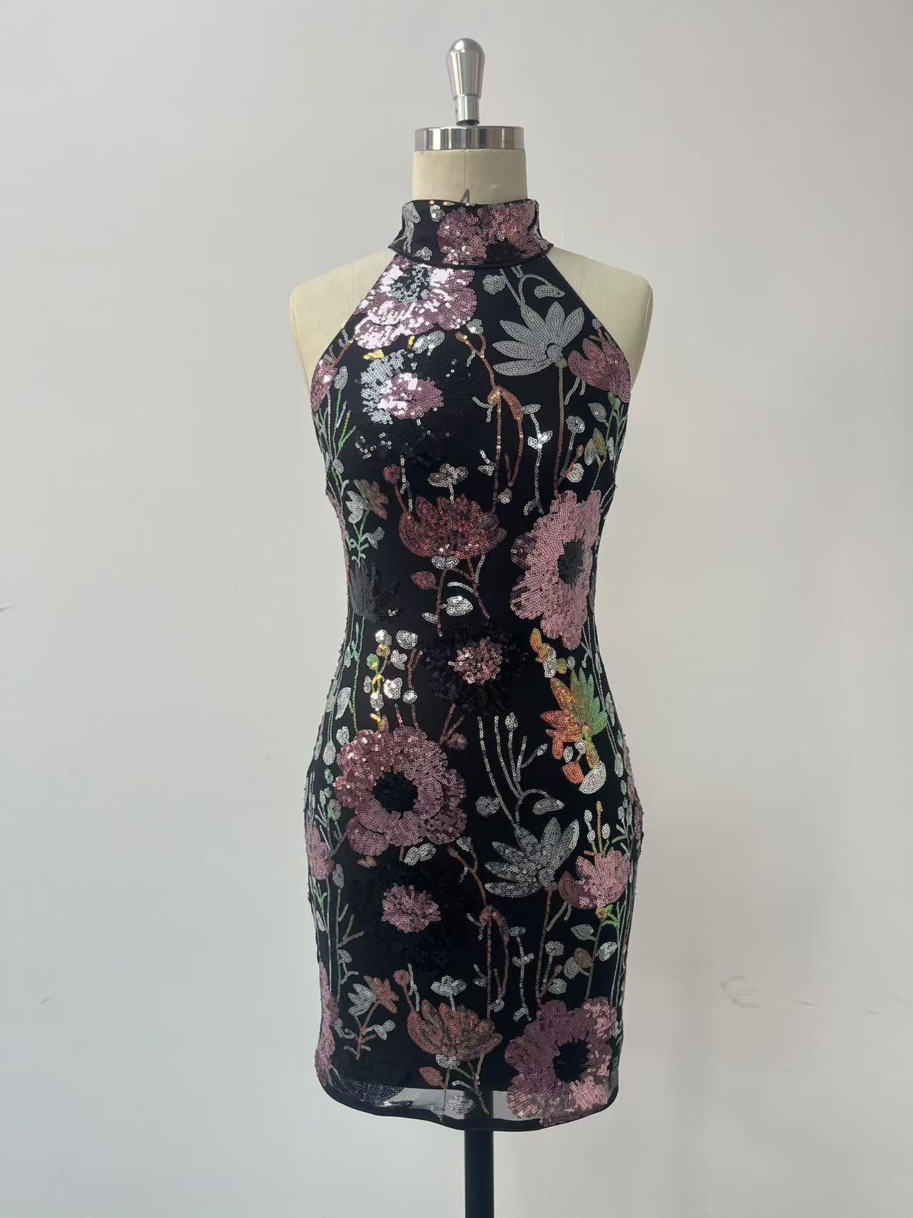 Women Spring Summer Sexy Backless Party Shiny Embroidered Flower Mini Dress 4