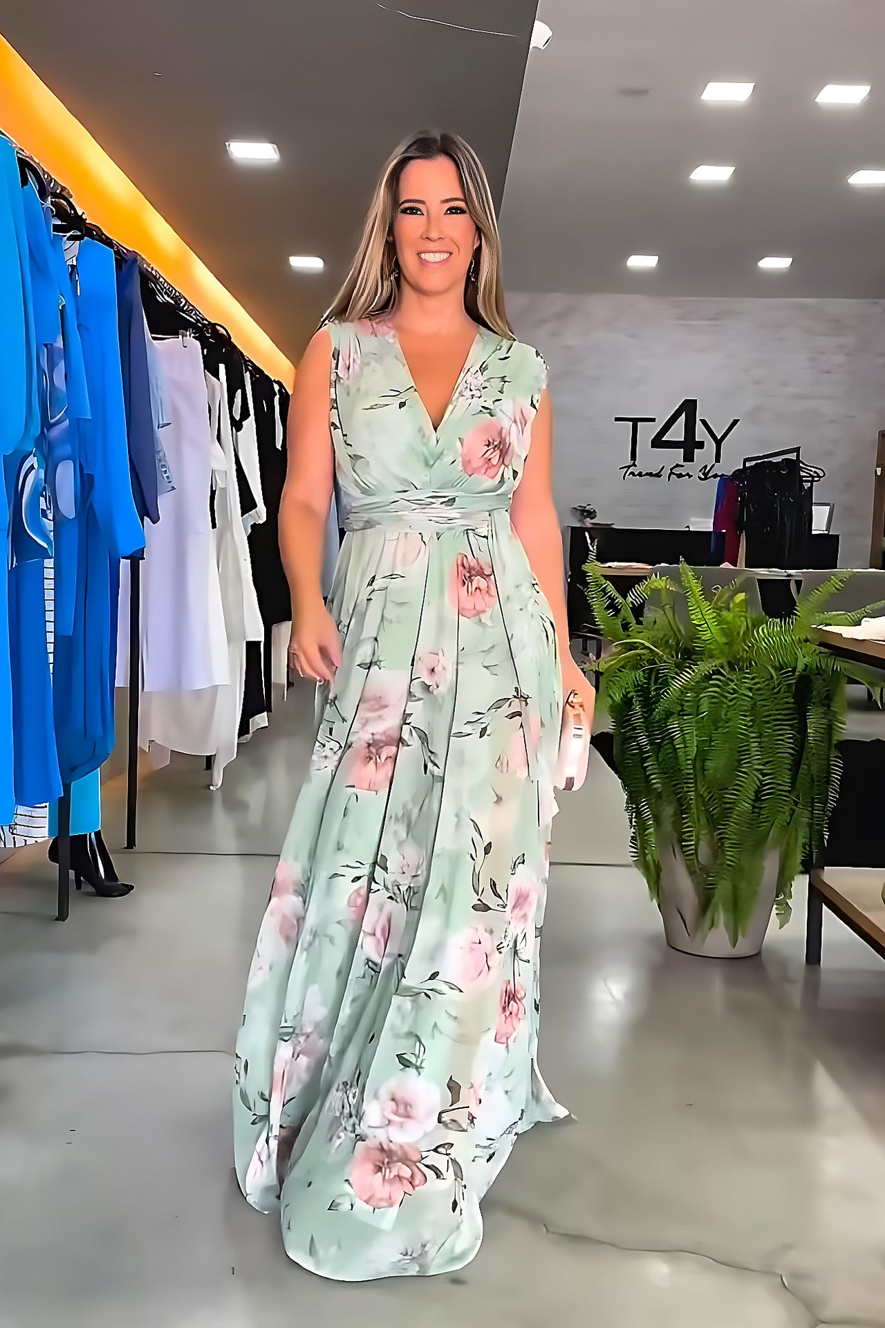 Women summer elegant chiffon sleeveless print slit dress