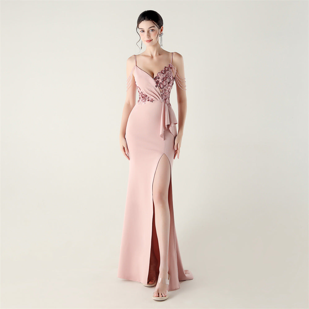 Women beaded tube sequin bow ruffle V neck suspender fishtail formal party evening dress 14