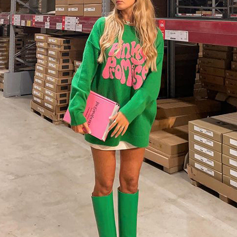 Winter Round Neck Long Sleeve Letter Pattern Jacquard Knitting Sweater Pullover Women's Clothing 7