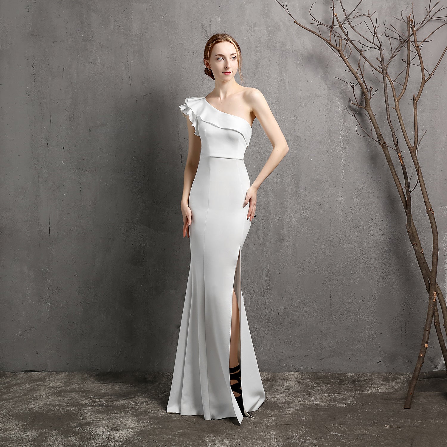 Women Summer Formal One Shoulder Shoulder High Slit Mermaid Evening Dress 15