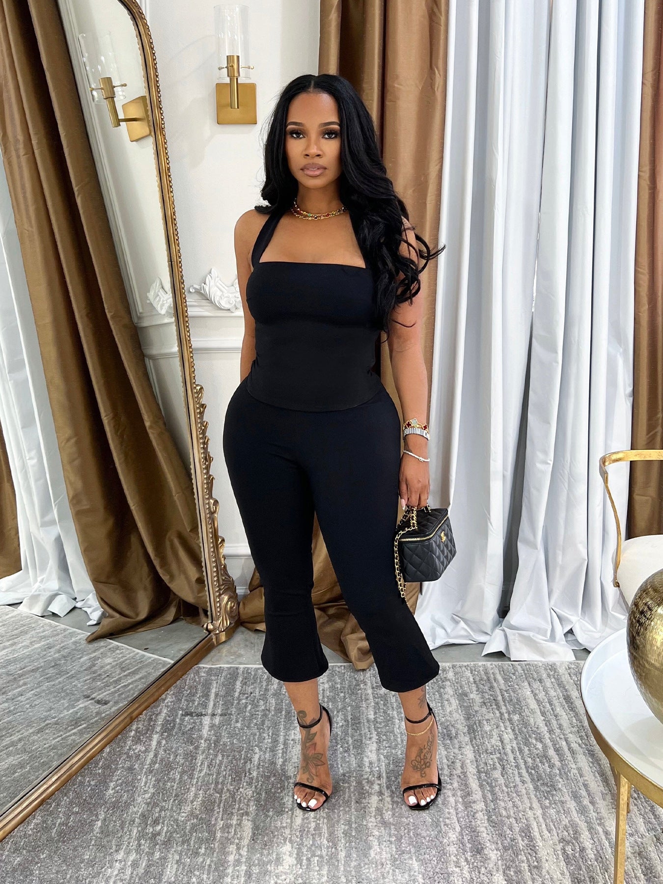 Women Summer Strapless Halter Neck Top and Solid Pants Two Piece Set 3