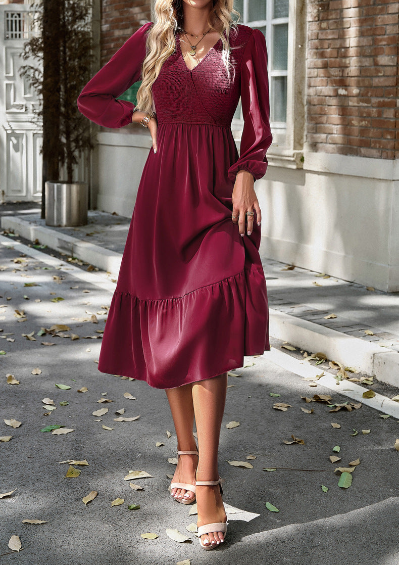 Women's Autumn And Winter V-Neck Solid Color Dress 5