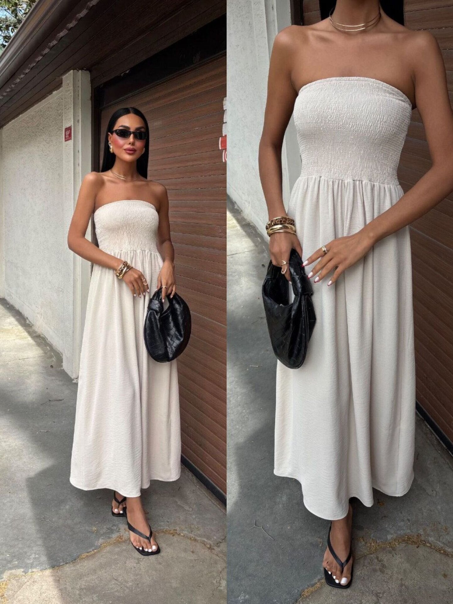Women's Summer Solid Color Sexy Strapless Slim Waist Casual Dress 3