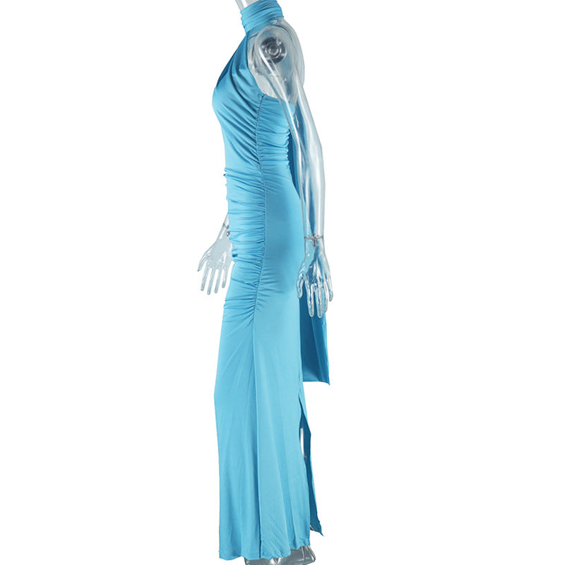 Women Sexy Backless Solid Halter Neck Slit Dress 13