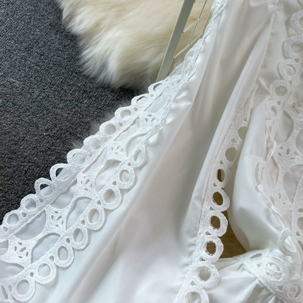 Spring Autumn Retro Chic Lantern Long Sleeve Lace Hollow Patchwork Round Neck Slim Waist Casual Dress 13