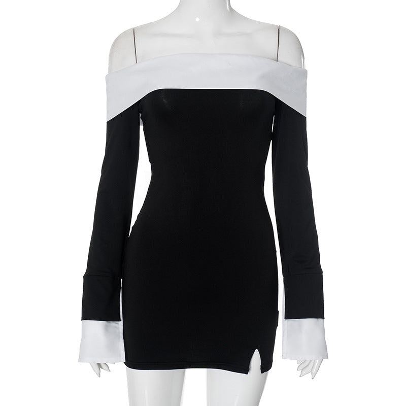 Women contrast Off Shoulder long sleeve Bodycon dress 6