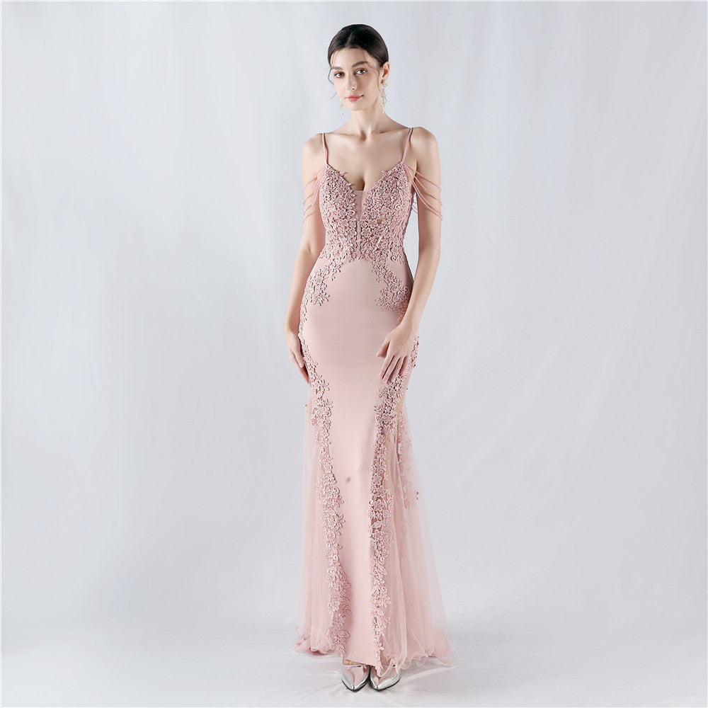 Sexy Strap Rhinestone Chain Fishbone Lace Evening Dress 11
