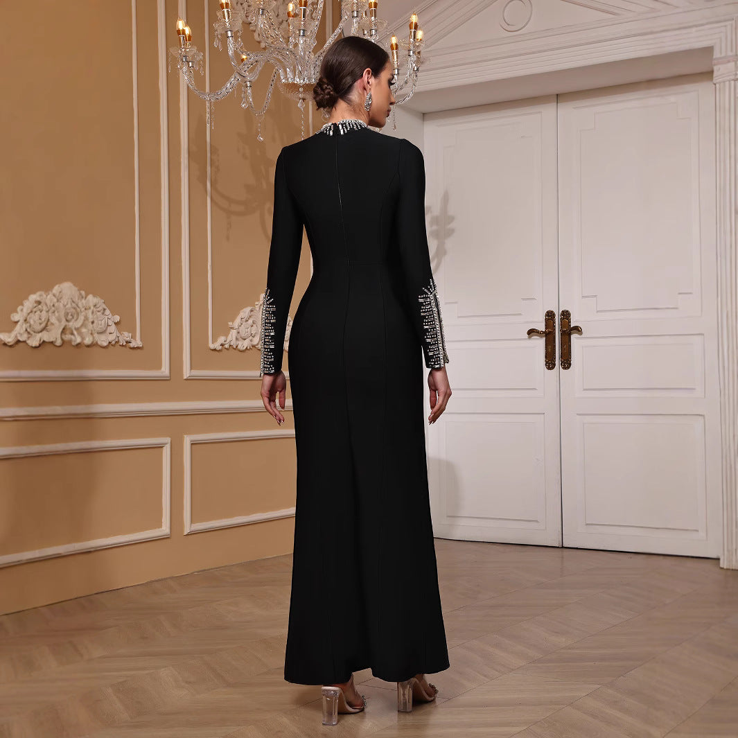 Women Black Long Sleeve Beaded Split Bandage Party Dance Evening Dress 3