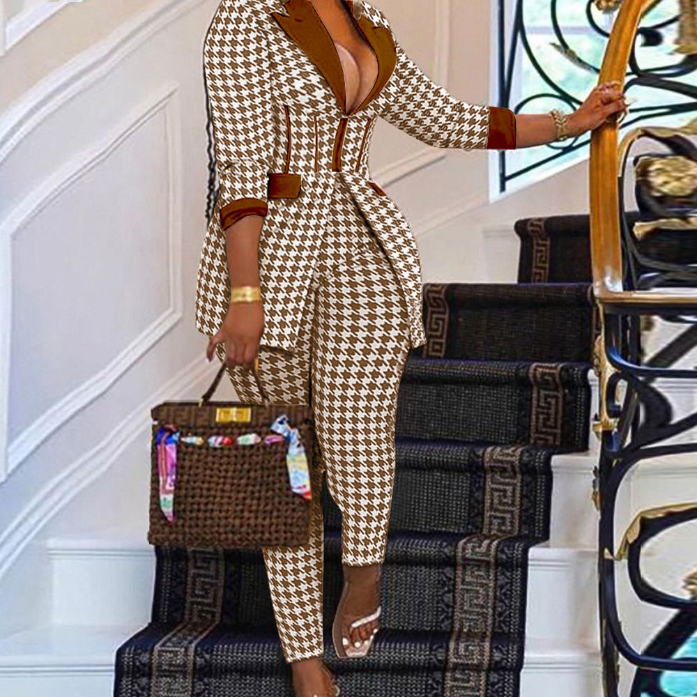 Turndown Colloar Print Two-Piece Suit 7