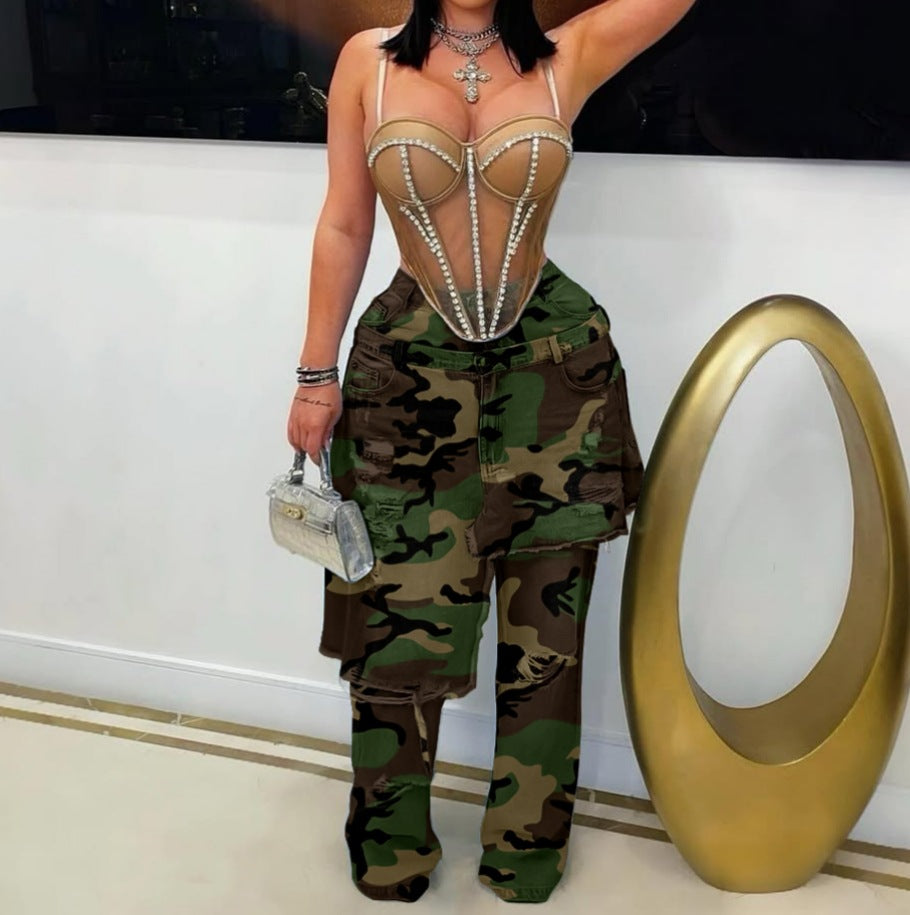 Women's Autumn Winter Fashion Camouflage Distressed Patchwork Rip Denim Pants 6