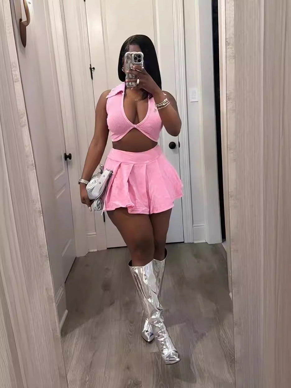 Women Sexy Summer Turndown Collar V-Neck Ribbed Short Top Mini Skirt Two-Piece Set 4