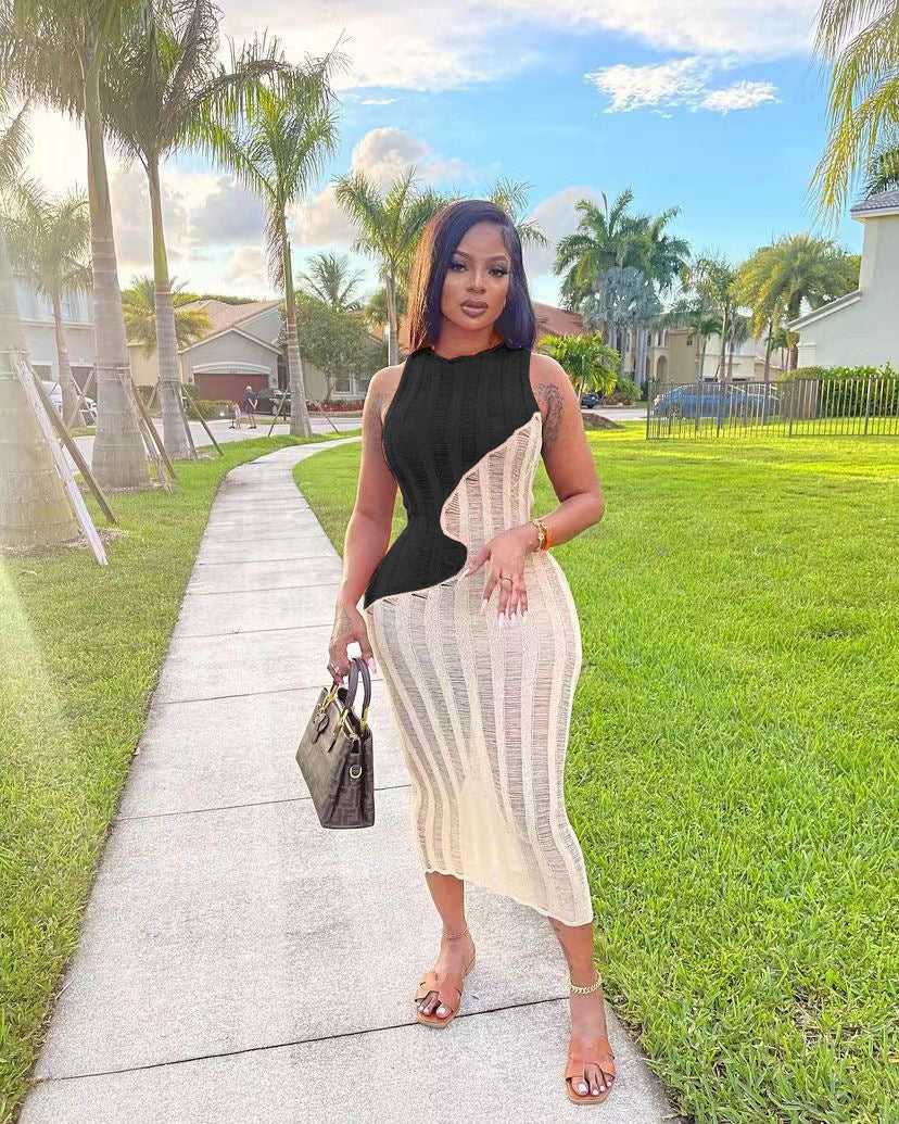 Fashion sexy sleeveless knitting color block dress 3