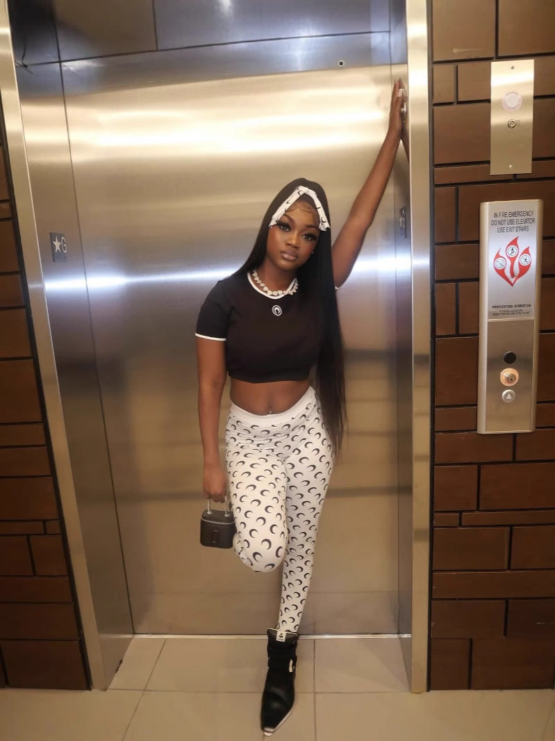 Fashionable Moon Print Elastic Slim Sexy Top & Trousers Set