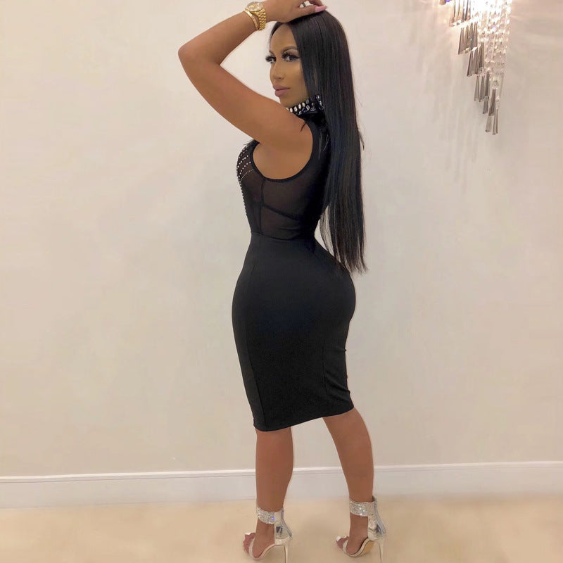 Women's Sexy See-Through Turtleneck Beaded Sleeveless Party Dress 4