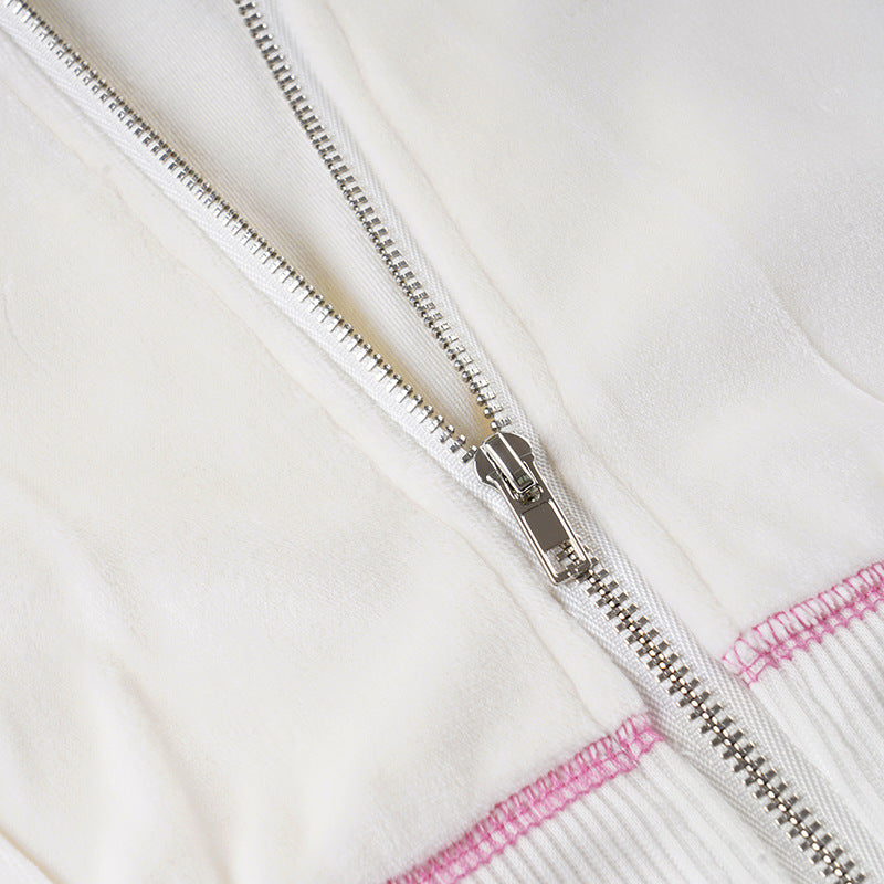 Women American-Style Fall/Winter Sport Velvet Letter Print Fur Collar Hooded Long-Sleeved Jacket and Pants Two-Piece Set 24