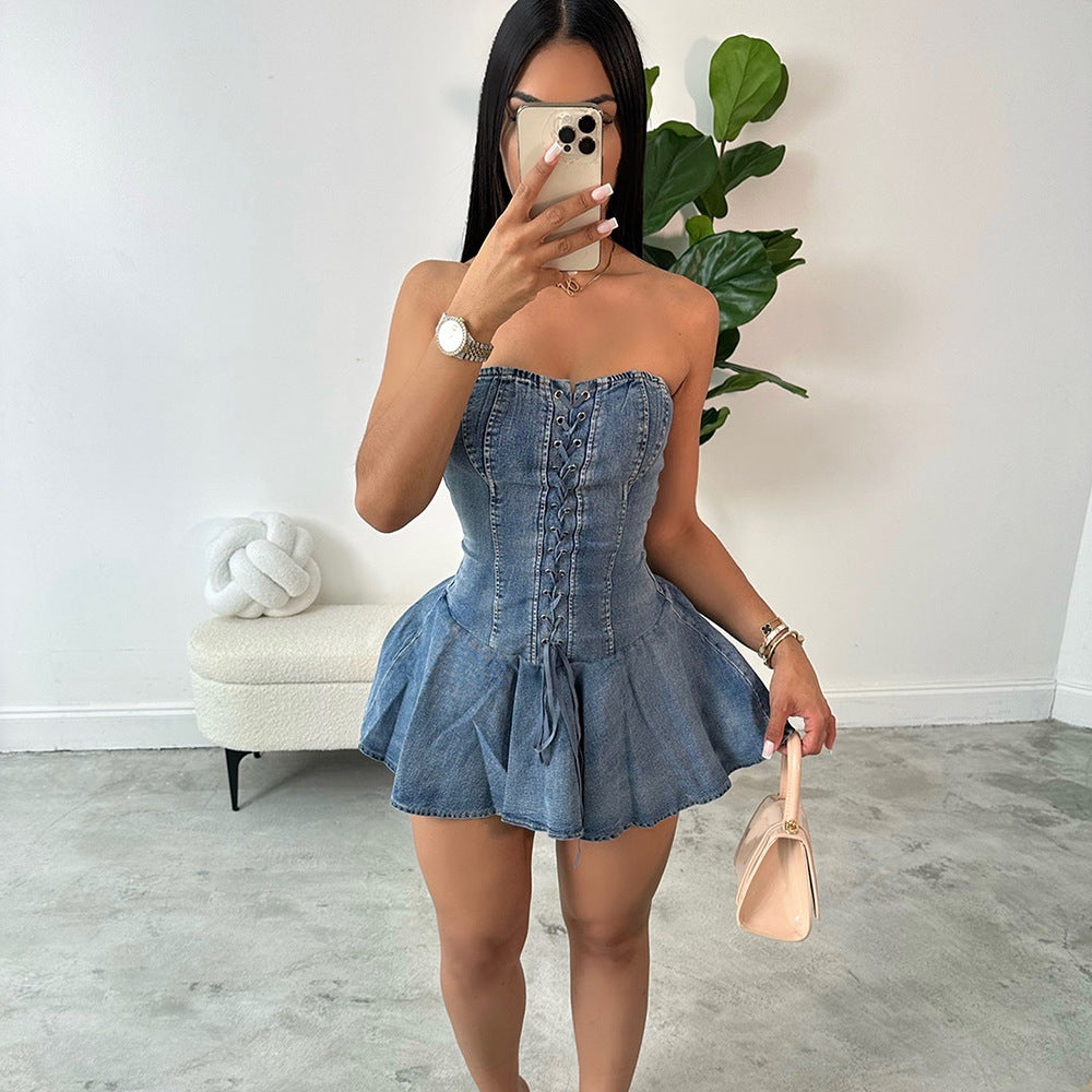 Elastic Denim Women's Zipper Lace-Up Sexy Transparent Strap Short A-Line Dress 3